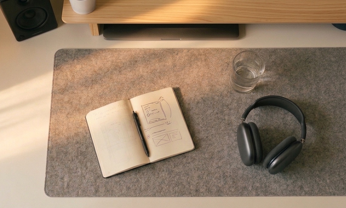 An open notebook with hand-drawn website wireframes and a pen resting on a felt desk mat, next to headphones and a glass of water.